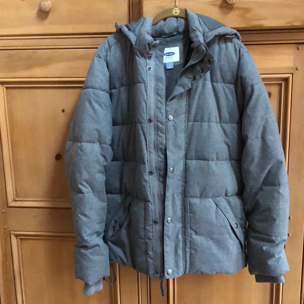 Men’s Old Navy S Small Warm Quilted Puffy Gray Grey Jacket Hooded Removable Hood